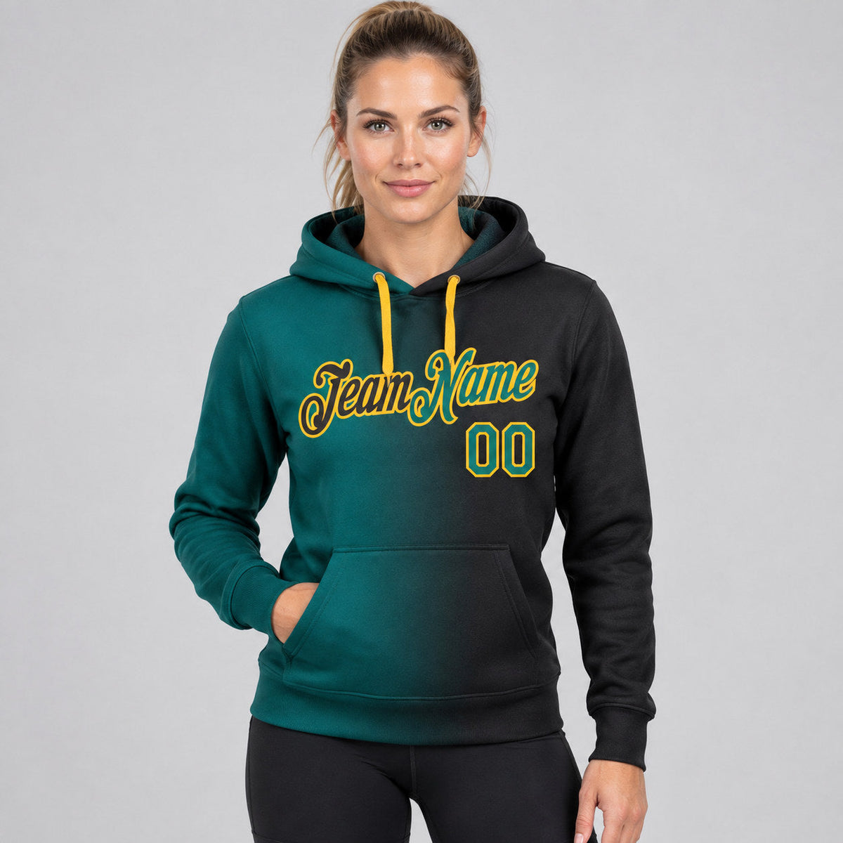 Custom Black Gradient Pullover Hoodie with Teal and Gold Lettering worn by female model