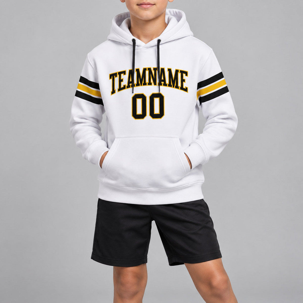 Custom White Football Pullover Hoodie with Black and Gold Lettering youth size worn by child model