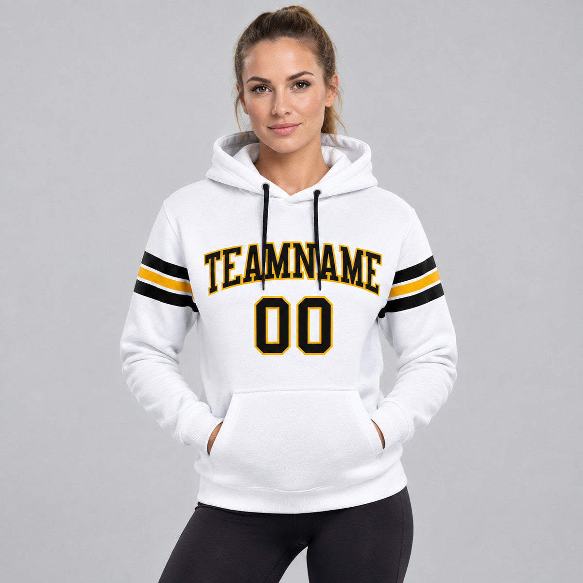 Custom White Football Pullover Hoodie with Black and Gold Lettering worn by female model