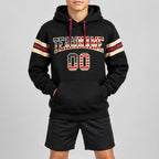 Custom Black Vintage USA Flag Football Pullover Hoodie with City Cream and Crimson Lettering youth size worn by child model