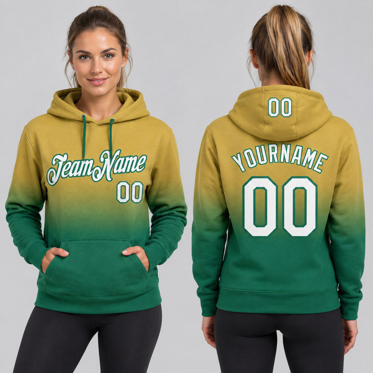 Custom Old Gold Fade Pullover Hoodie with White and Kelly Green Lettering worn by female model