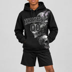 Custom Black Skull Pullover Hoodie with Gray Lettering youth size worn by child model