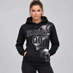 Custom Black Skull Pullover Hoodie with Gray Lettering worn by female model