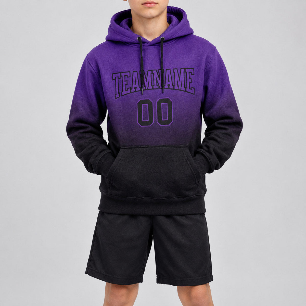 Custom Purple Skull Pullover Hoodie with Black Lettering youth size worn by child model