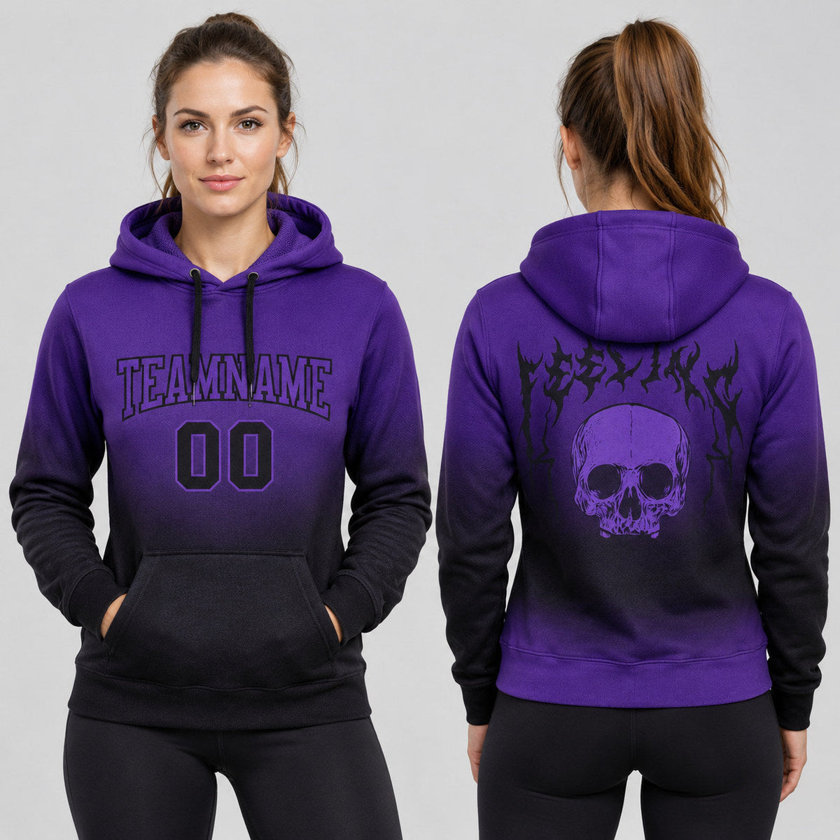 Custom Purple Skull Pullover Hoodie with Black Lettering worn by female model