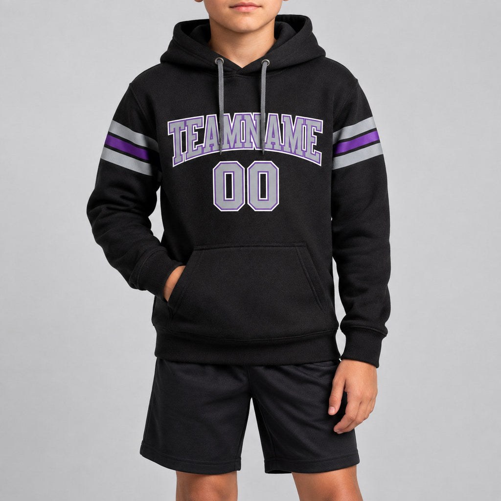 Custom Black Football Pullover Hoodie with Gray and Purple Lettering youth size worn by child model