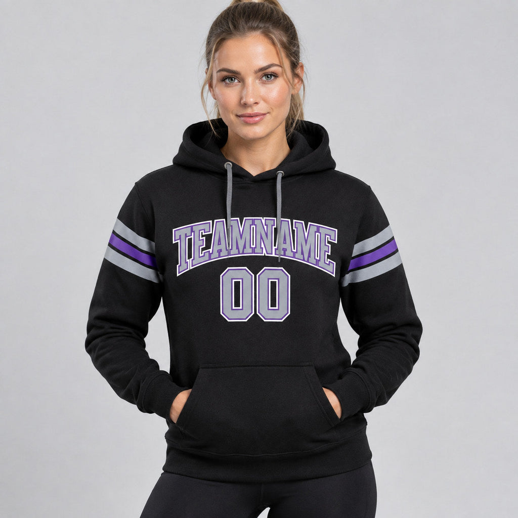 Custom Black Football Pullover Hoodie with Gray and Purple Lettering worn by female model