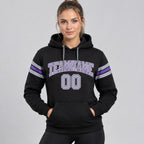 Custom Black Football Pullover Hoodie with Gray and Purple Lettering worn by female model