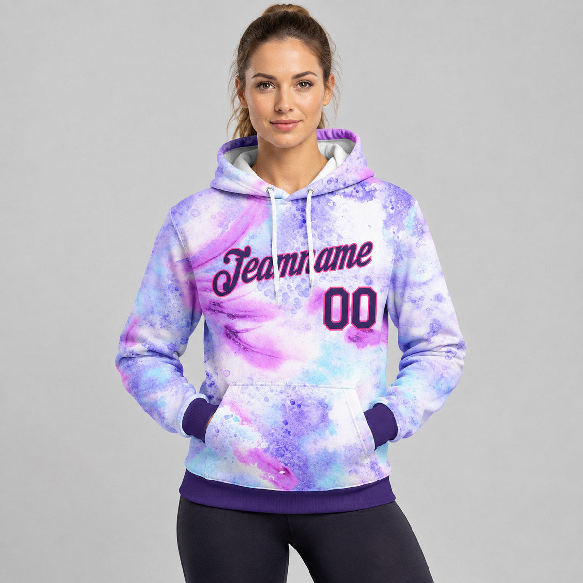 Custom Purple and Pink Tie Dye Pullover Hoodie worn by female model