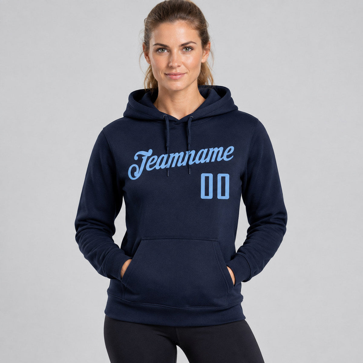 Custom Navy Pullover Hoodie with Light Blue Lettering Design 0328 worn by female model