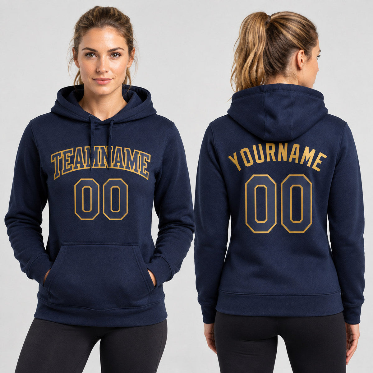 Custom Navy Pullover Hoodie with Navy and Old Gold Lettering worn by female model