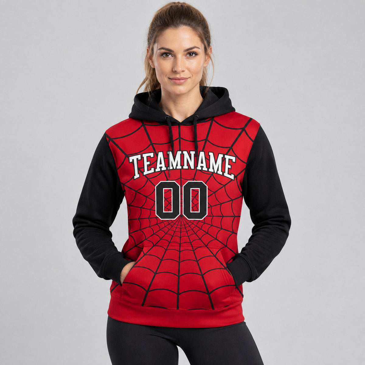 Custom Red Spider Pullover Hoodie with White and Black Lettering worn by female model