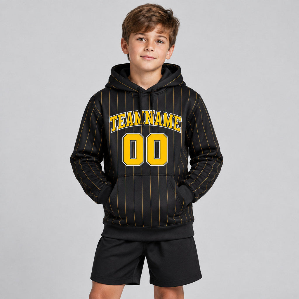 Custom Black and Gold Pinstripe Pullover Hoodie with Gold and White Lettering youth size worn by child model
