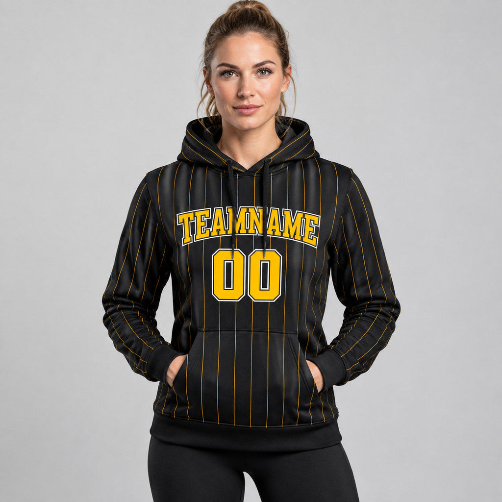 Custom Black and Gold Pinstripe Pullover Hoodie with Gold and White Lettering worn by female model