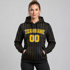 Custom Black and Gold Pinstripe Pullover Hoodie with Gold and White Lettering worn by female model