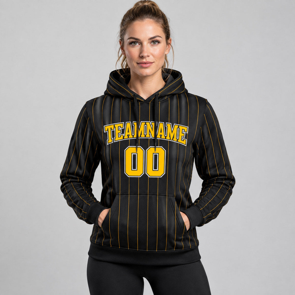 Custom Black and Gold Pinstripe Pullover Hoodie with Gold and White Lettering worn by female model