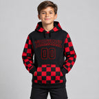 Custom Black Pullover Hoodie with Black and Red Lettering Design 0680 youth size worn by child model