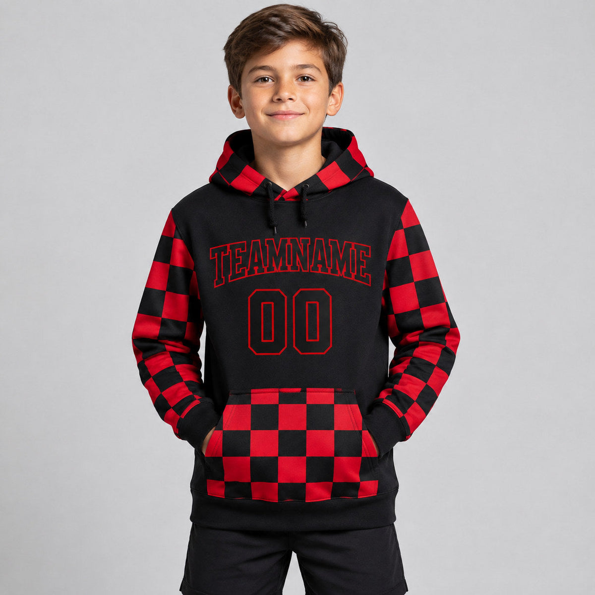 Custom Black Pullover Hoodie with Black and Red Lettering Design 0680 youth size worn by child model