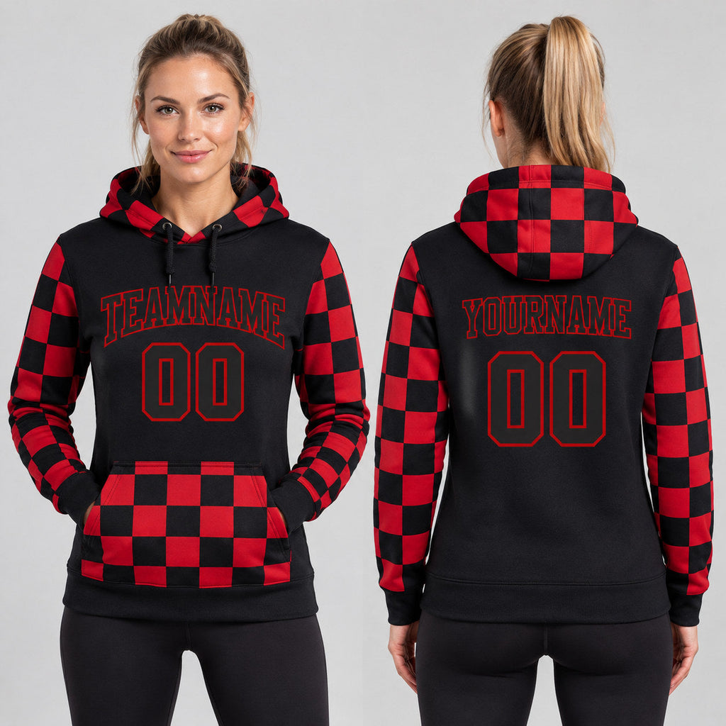 Custom Black Pullover Hoodie with Black and Red Lettering Design 0680 worn by female model