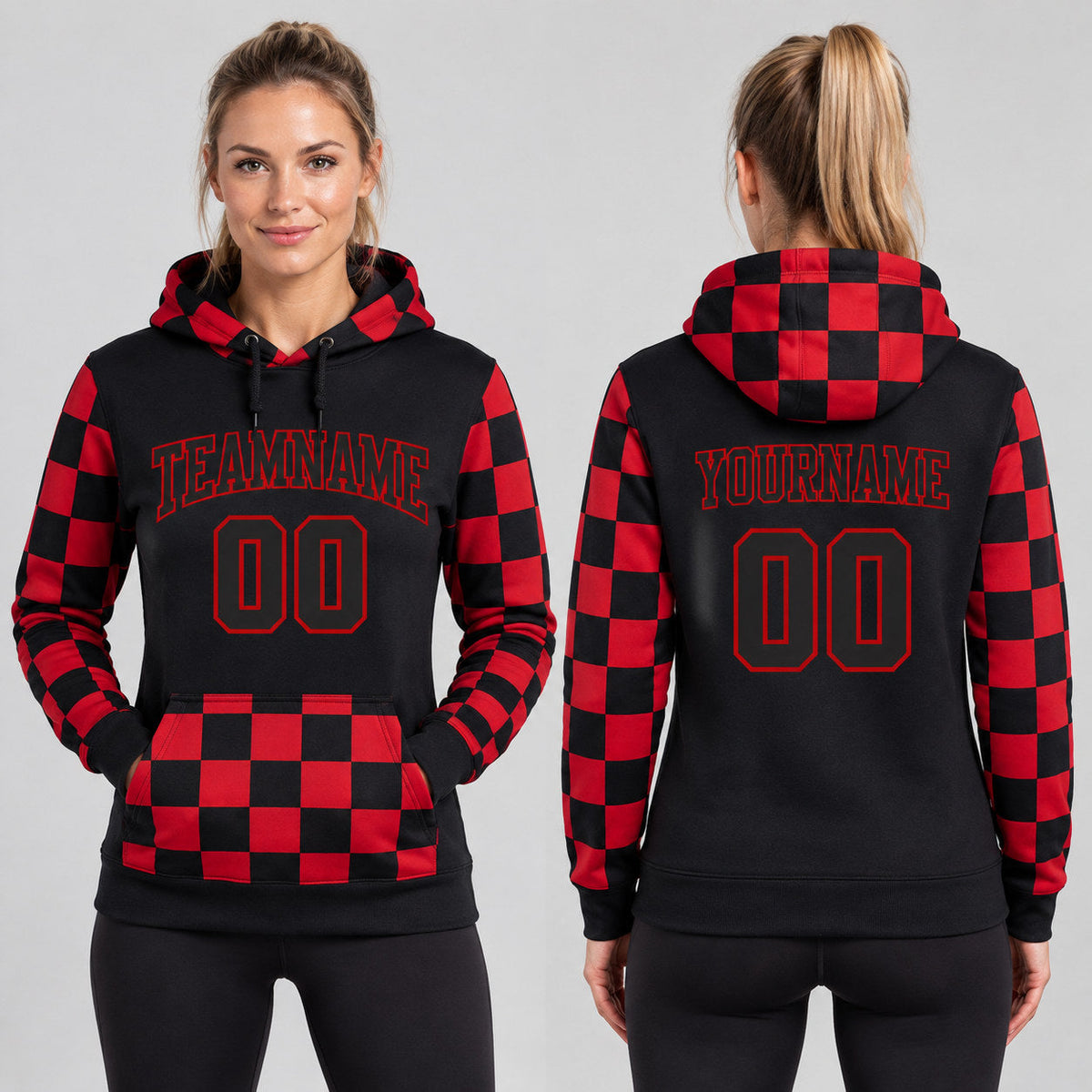 Custom Black Pullover Hoodie with Black and Red Lettering Design 0680 worn by female model