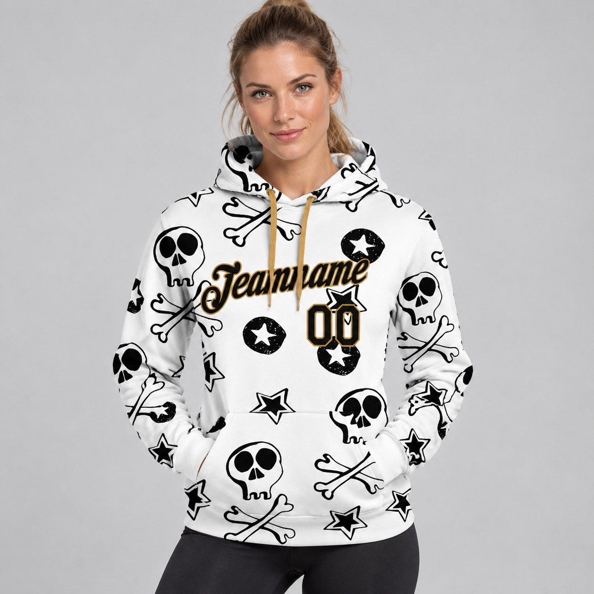 Custom White Skull Pullover Hoodie with Black and Old Gold Lettering worn by female model