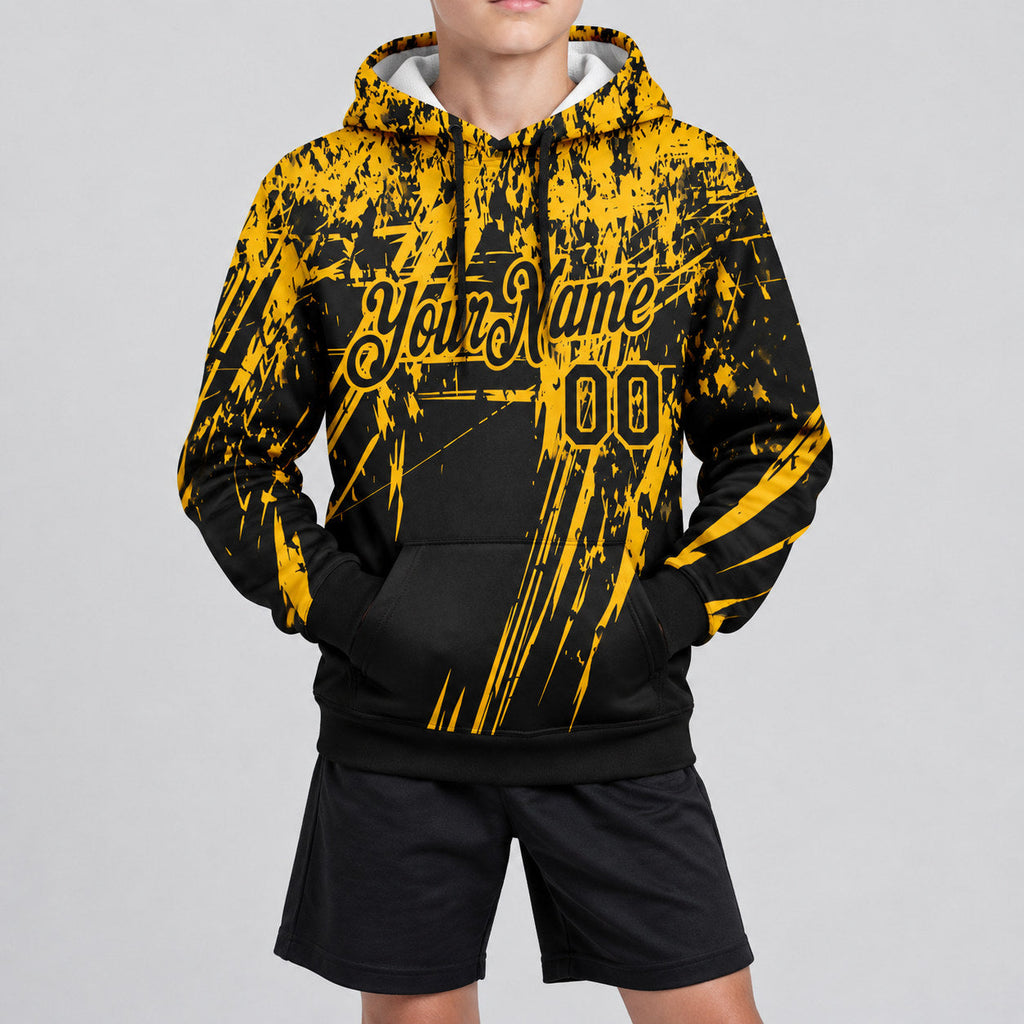 Custom Black Splash Grunge Art Pullover Hoodie with Gold Lettering youth size worn by child model