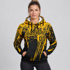 Custom Black Splash Grunge Art Pullover Hoodie with Gold Lettering worn by female model