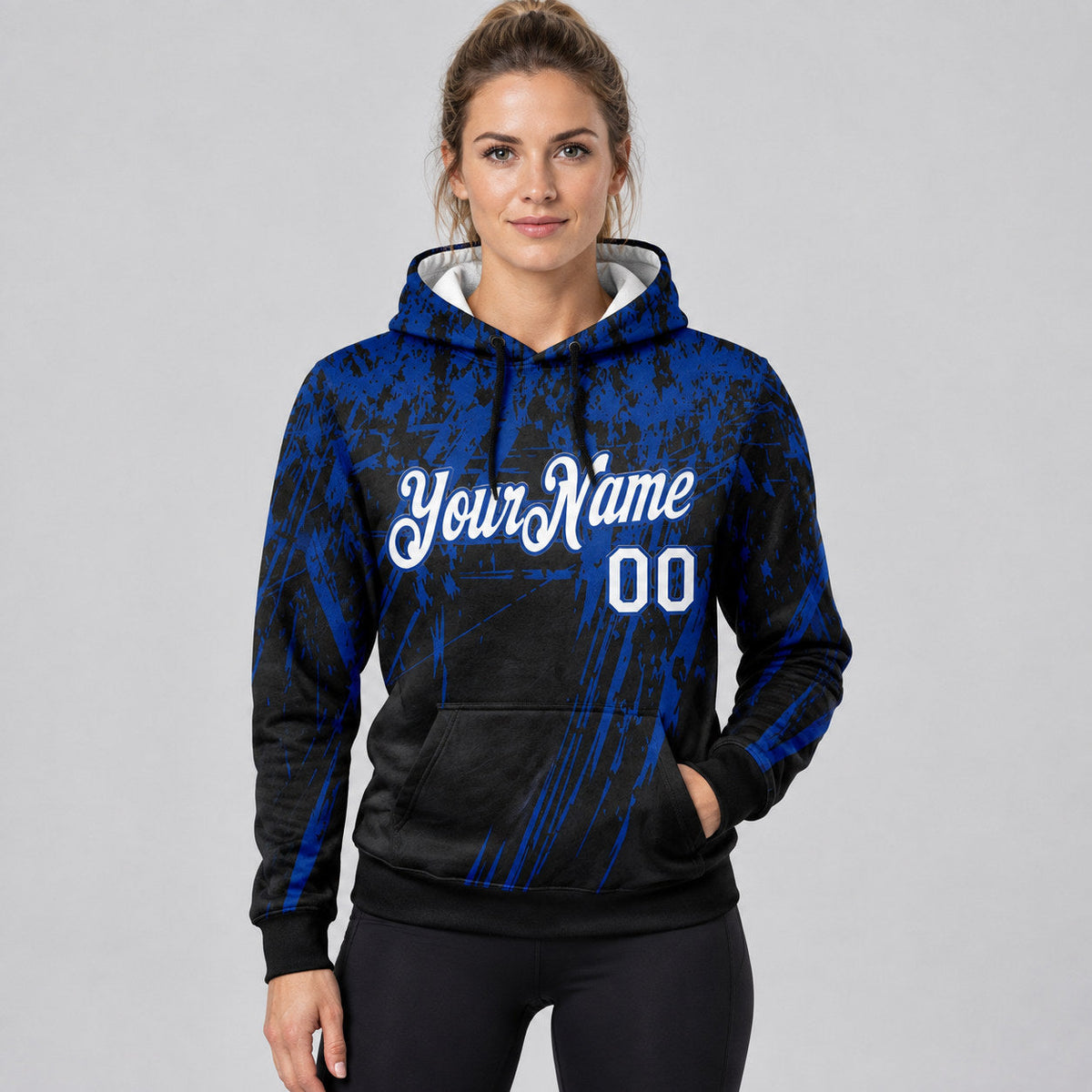 Custom Black Splash Grunge Art Pullover Hoodie with White and Royal Lettering worn by female model