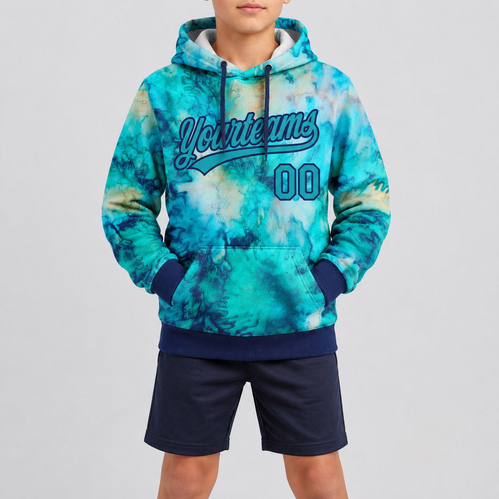 Custom Teal and Navy Tie Dye Pullover Hoodie youth size worn by child model