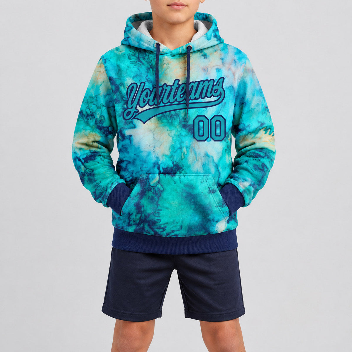Custom Teal and Navy Tie Dye Pullover Hoodie youth size worn by child model