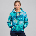 Custom Teal and Navy Tie Dye Pullover Hoodie worn by female model