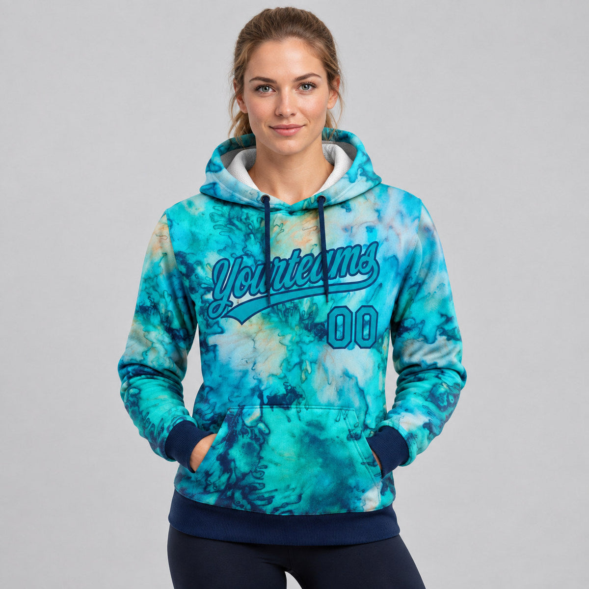 Custom Teal and Navy Tie Dye Pullover Hoodie worn by female model