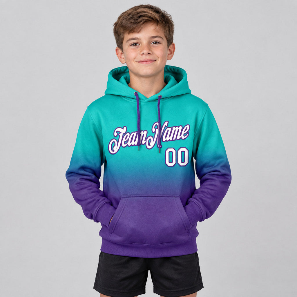 Custom Aqua Fade Pullover Hoodie with White and Purple Lettering youth size worn by child model