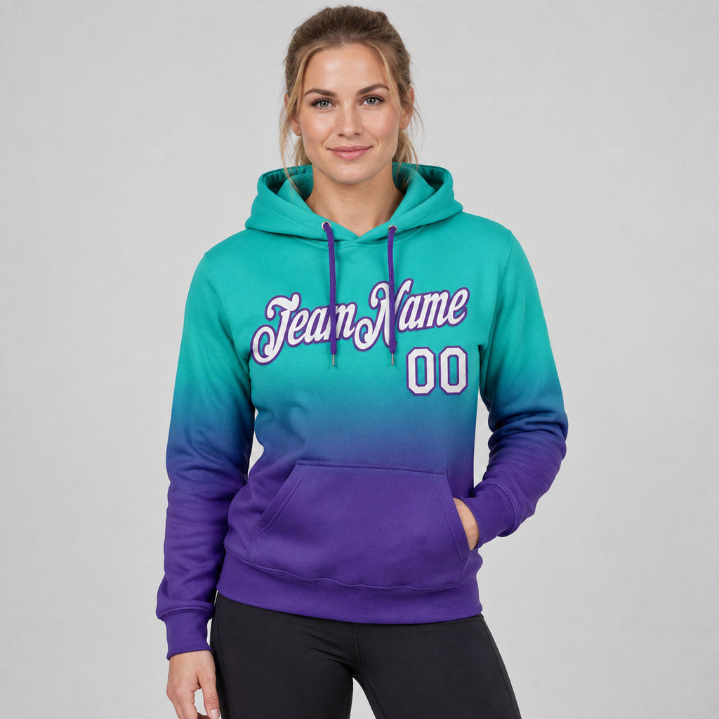 Custom Aqua Fade Pullover Hoodie with White and Purple Lettering worn by female model