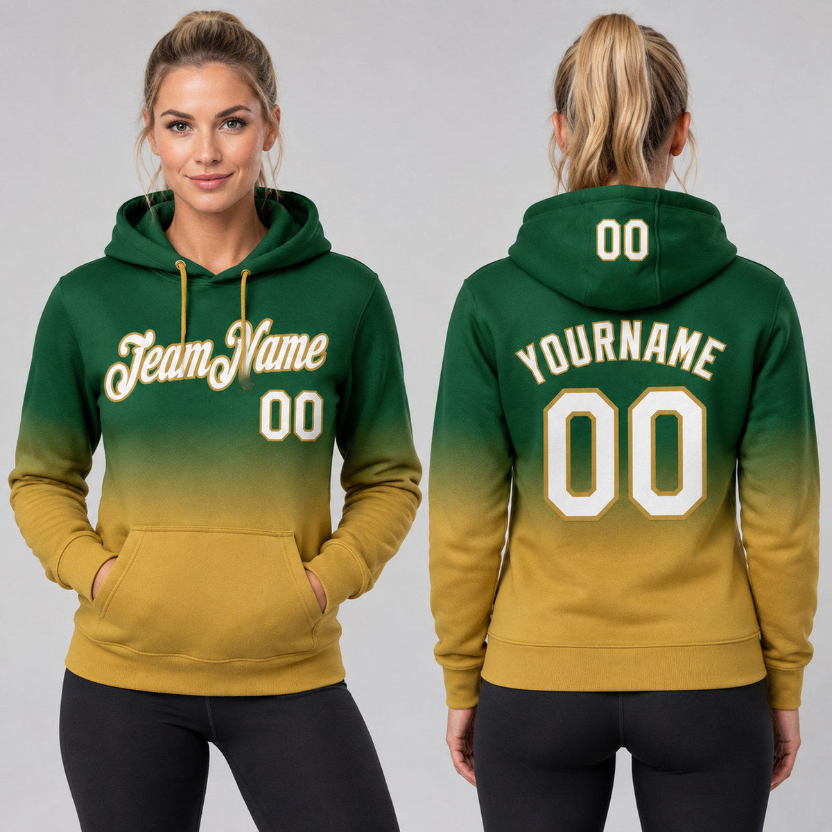 Custom Green Fade Pullover Hoodie with White and Old Gold Lettering worn by female model