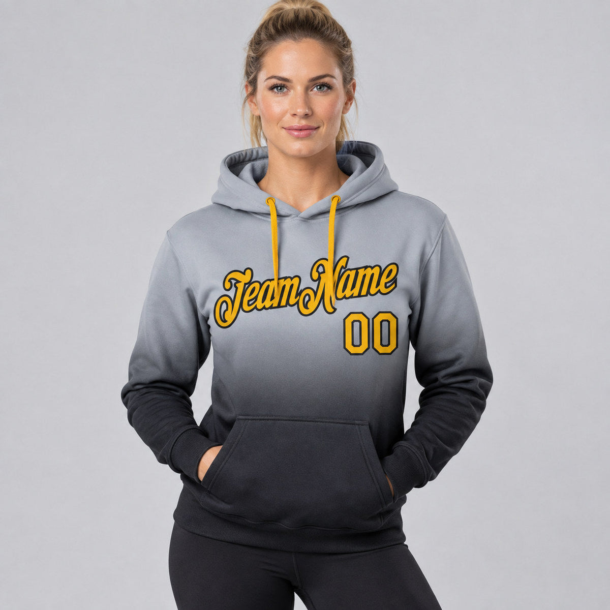 Custom Gray Fade Pullover Hoodie with Gold and Black Lettering worn by female model