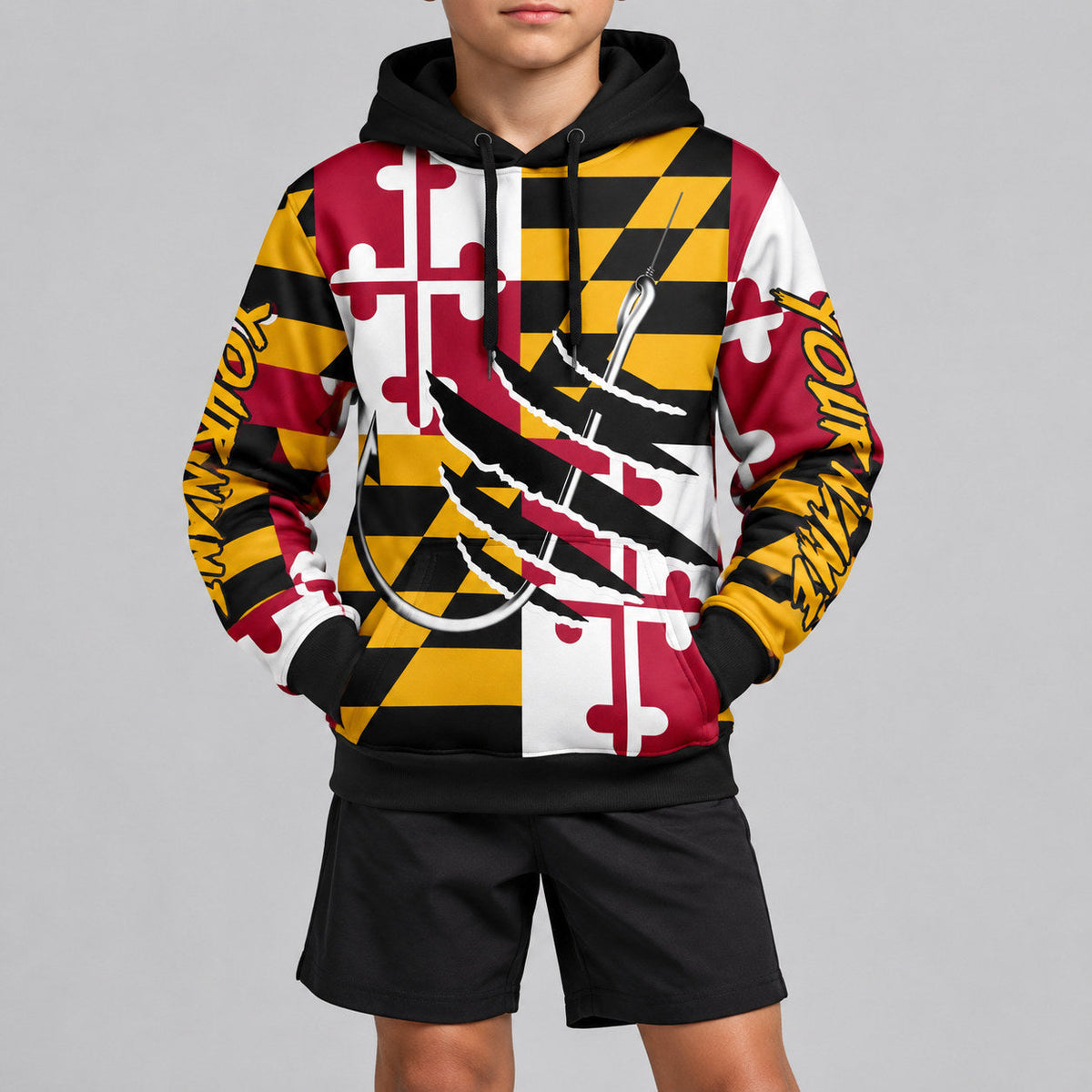 Custom Gold Maryland Flag And Fish Hook Fishing Pullover Hoodie with Black and Red Lettering Design 5713 youth size worn by child model