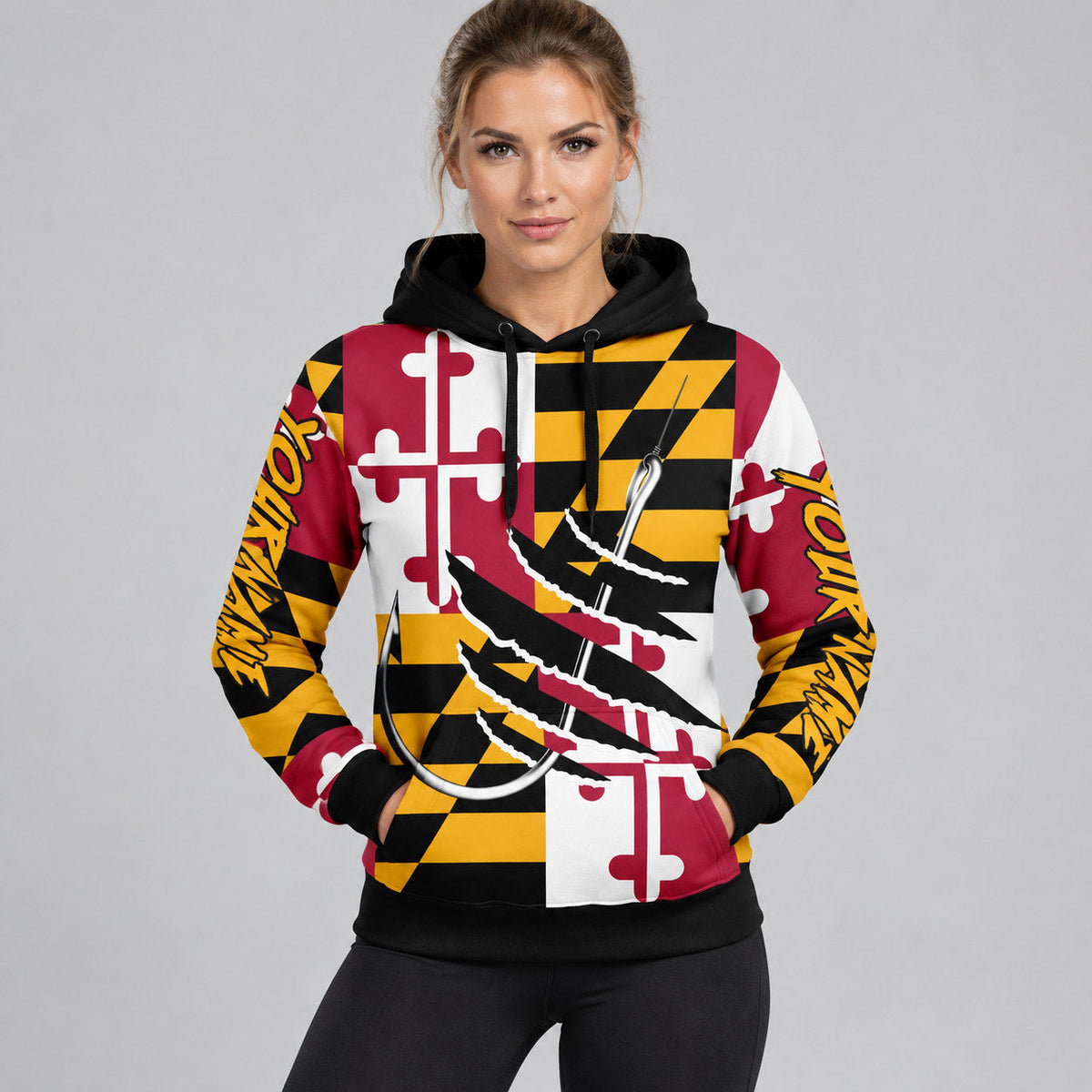 Custom Gold Maryland Flag And Fish Hook Fishing Pullover Hoodie with Black and Red Lettering Design 5713 worn by female model