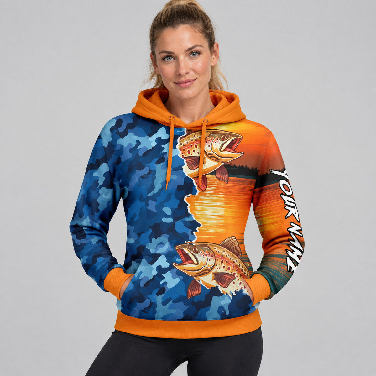 Custom Bay Orange Camo Trout Fish Fishing Pullover Hoodie with Black Lettering worn by female model