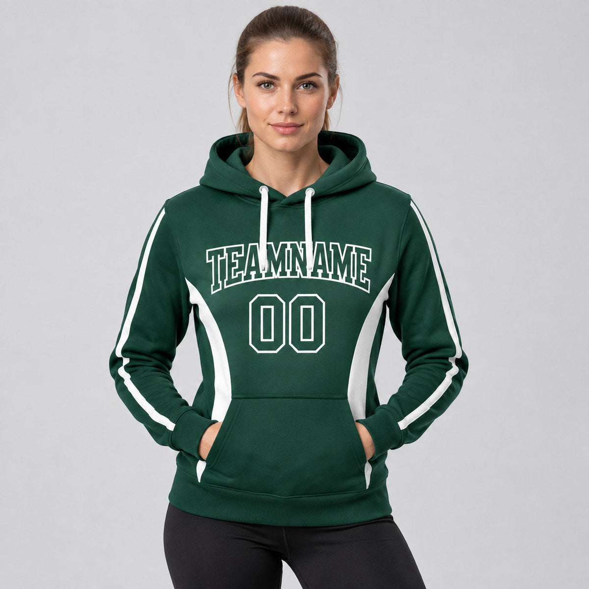 Custom Green Color Blocking Stripe Pullover Hoodie with White Lettering worn by female model