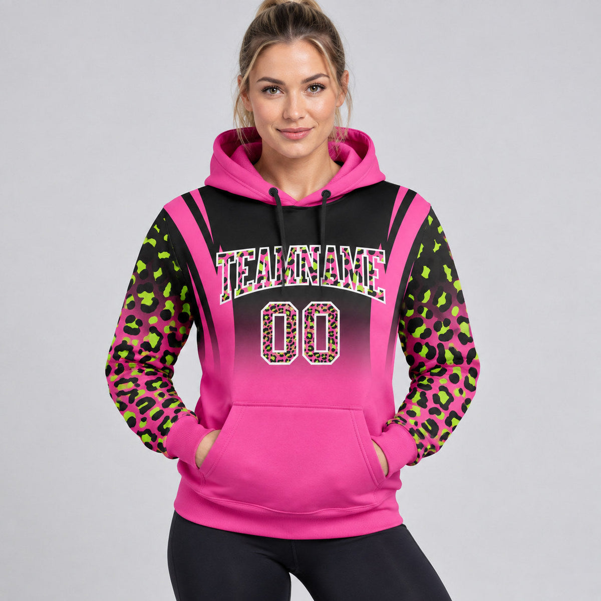 Custom Black Fade Leopard Print Pullover Hoodie with Pink and Neon Green Lettering worn by female model
