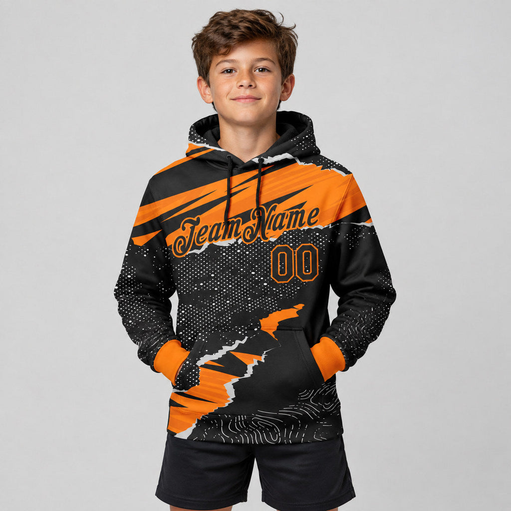 Custom Black Torn Paper Pullover Hoodie with Bay Orange Lettering youth size worn by child model