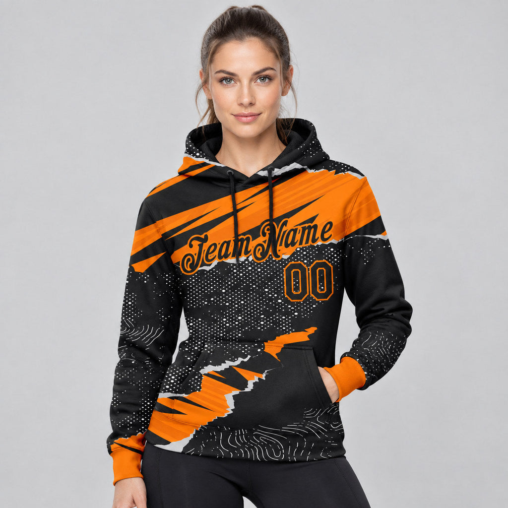 Custom Black Torn Paper Pullover Hoodie with Bay Orange Lettering worn by female model