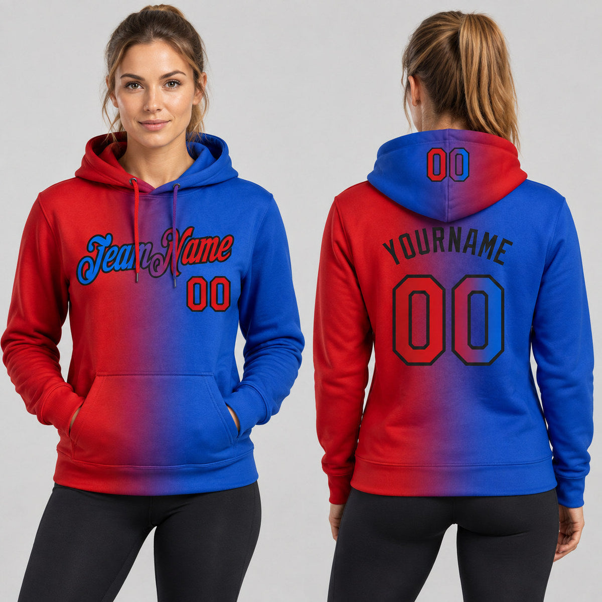 Custom Thunder Blue Gradient Pullover Hoodie with Red and Black Lettering worn by female model