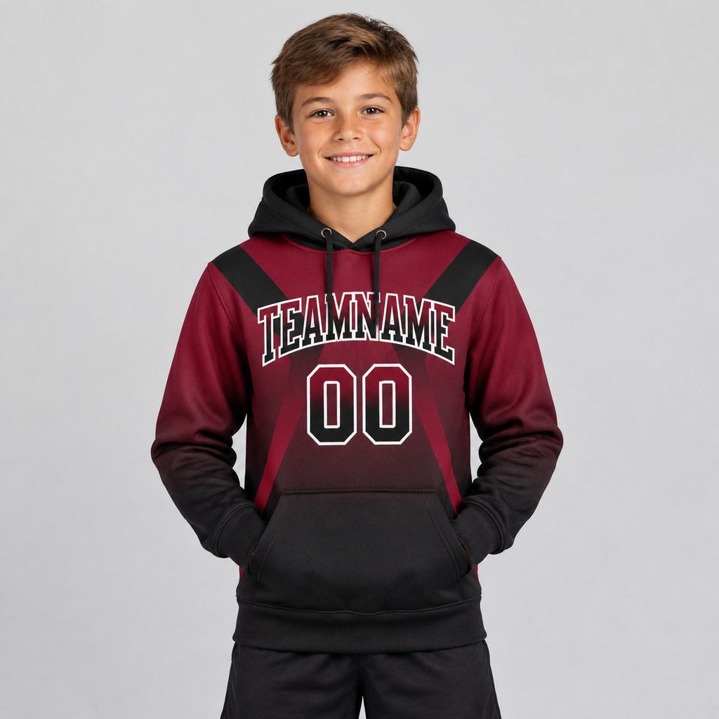 Custom Crimson Fade Arrow Pullover Hoodie with Black and White Lettering youth size worn by child model