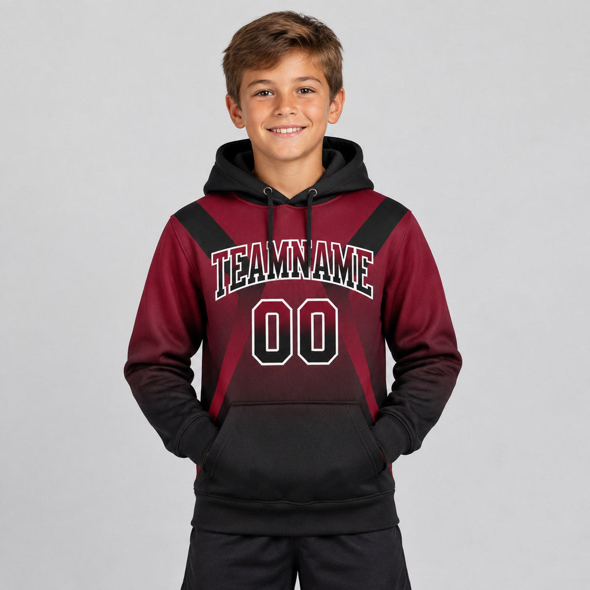 Custom Crimson Fade Arrow Pullover Hoodie with Black and White Lettering youth size worn by child model