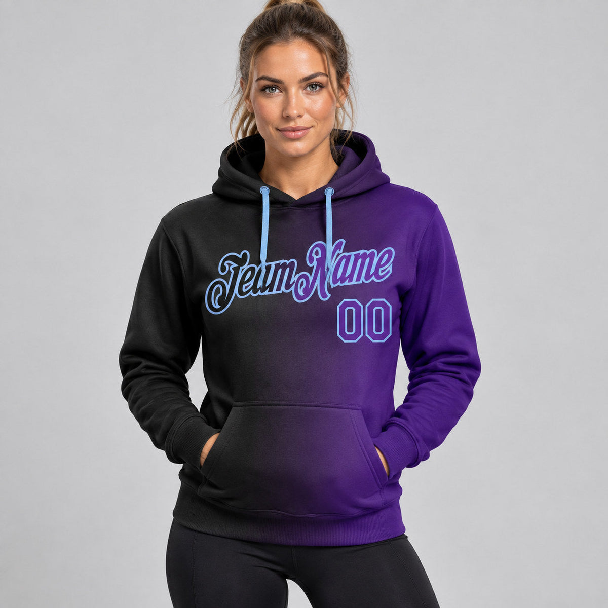 Custom Black Gradient Pullover Hoodie with Purple and Light Blue Lettering worn by female model
