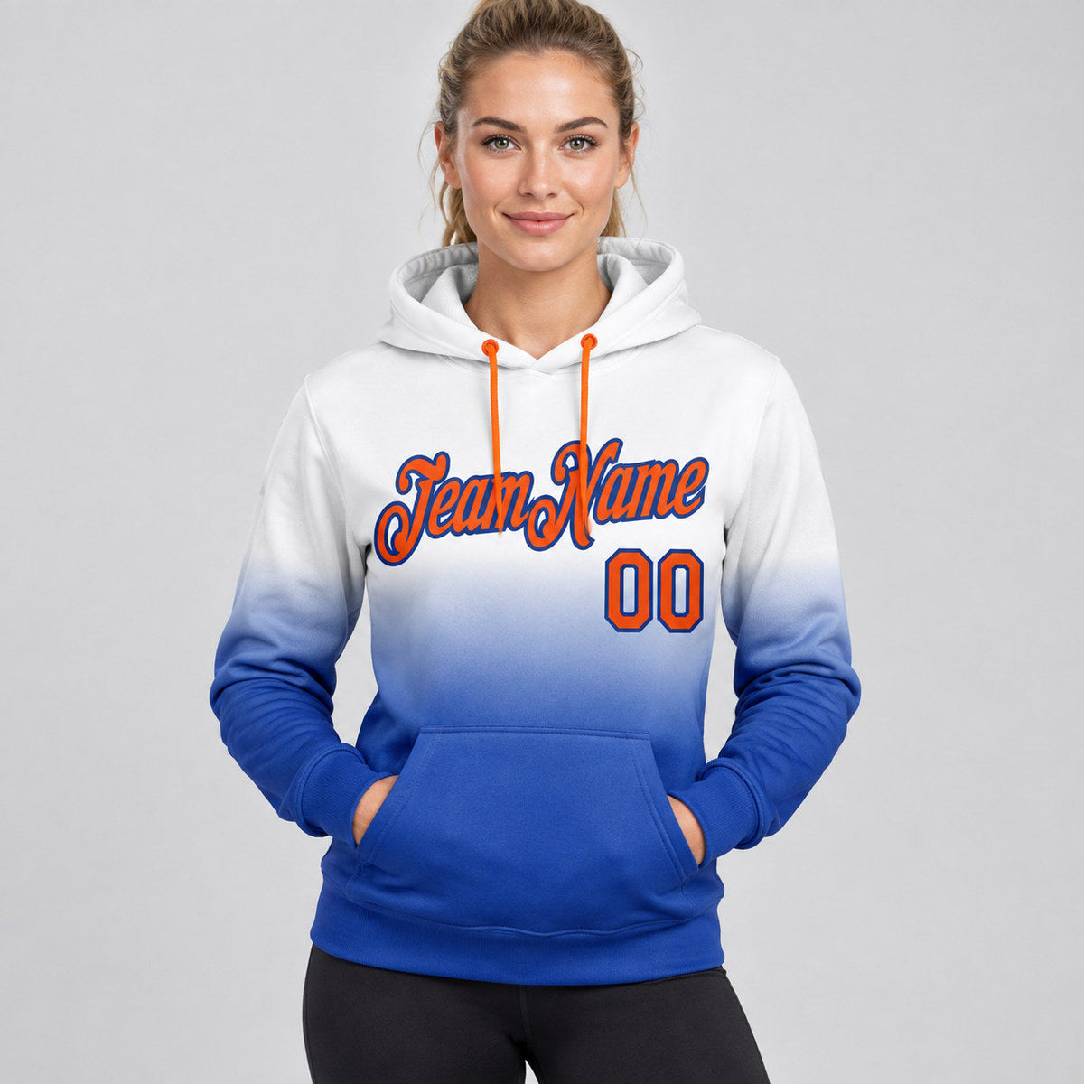 Custom White Fade Pullover Hoodie with Orange and Royal Lettering worn by female model