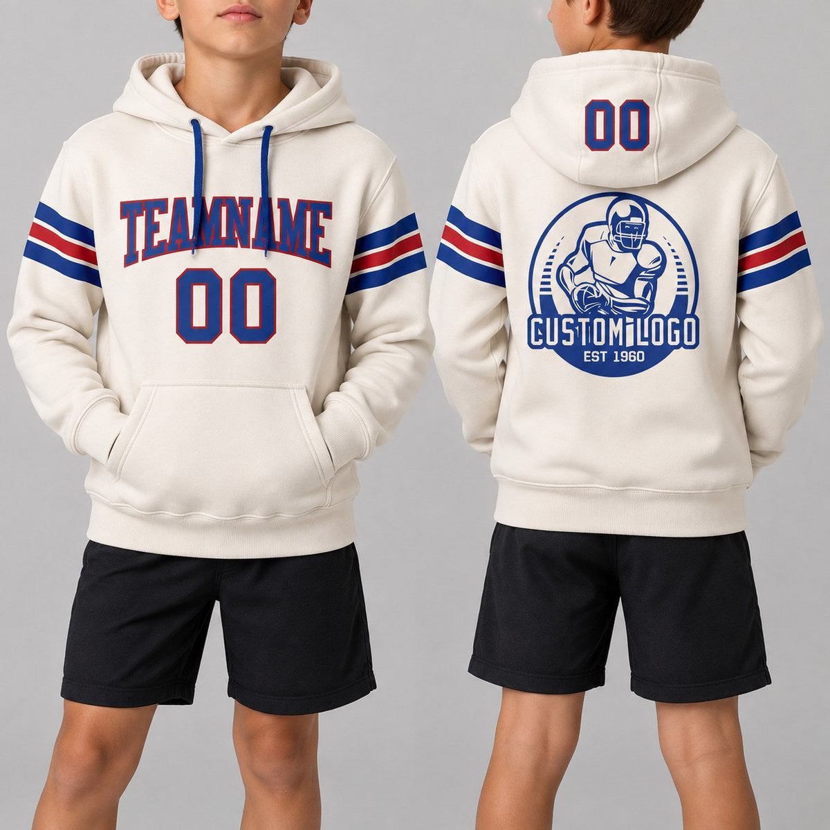 Custom Cream Football Pullover Hoodie with Royal and Red Lettering youth size worn by child model