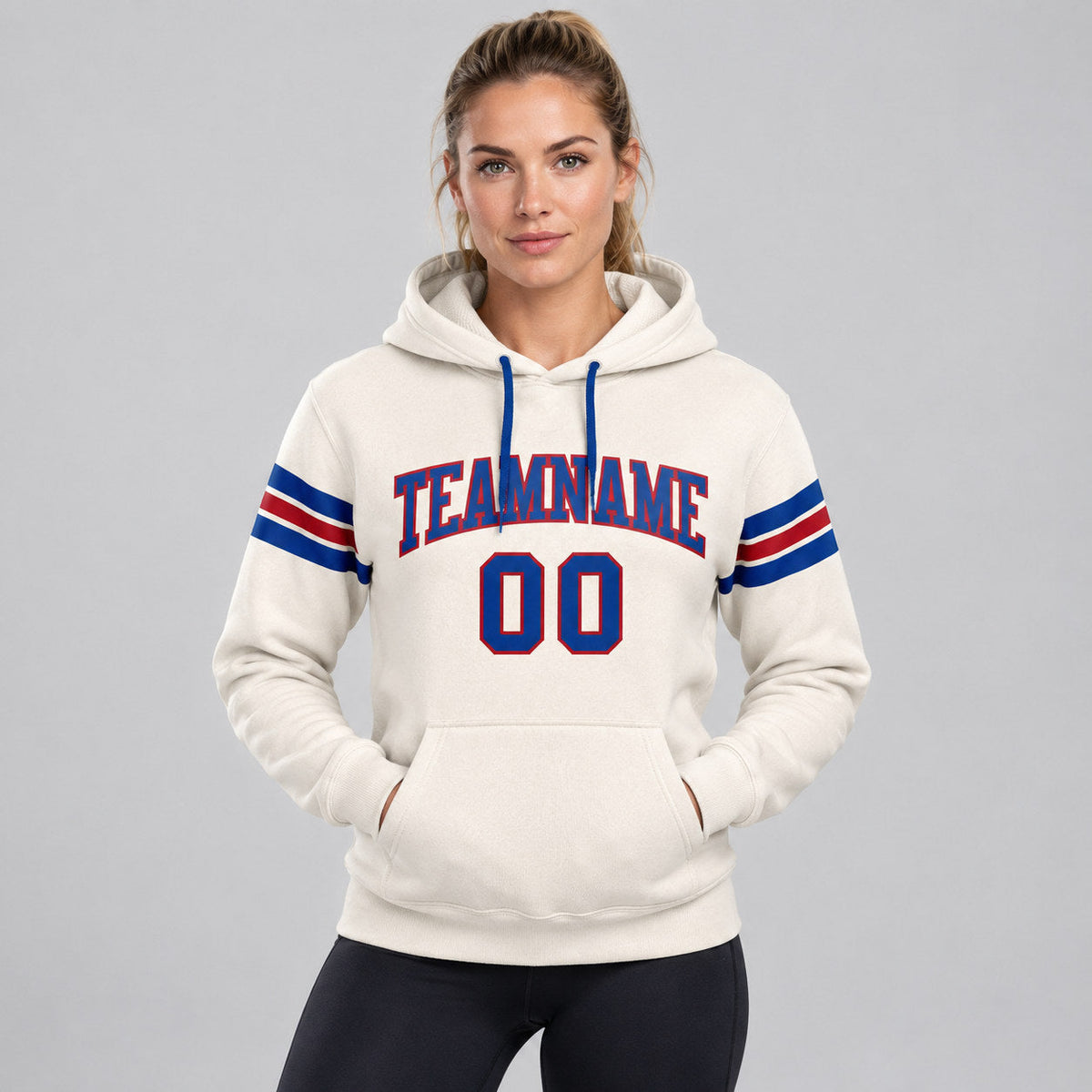 Custom Cream Football Pullover Hoodie with Royal and Red Lettering worn by female model